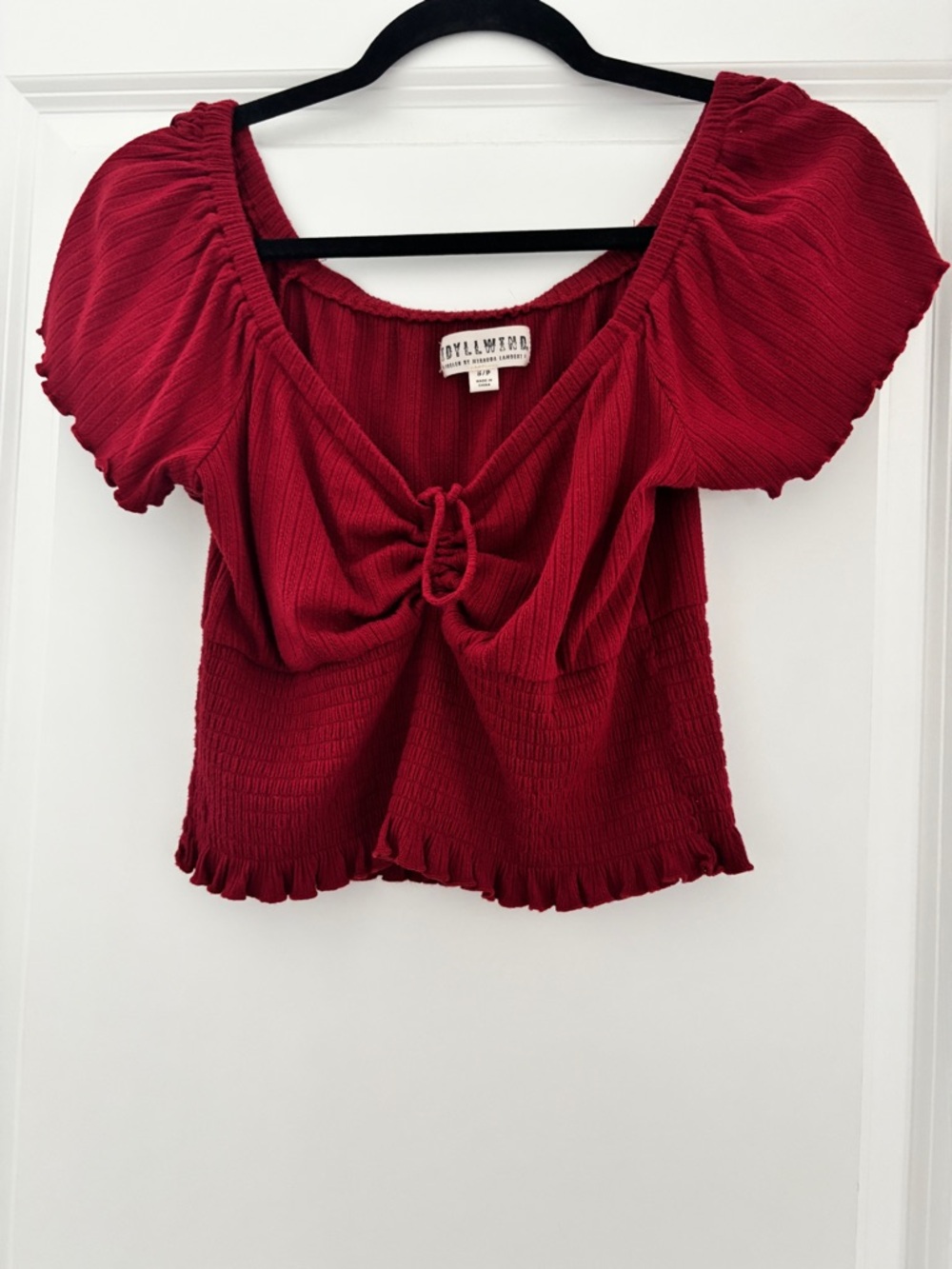 Idyllwind Red Smocked Tie-Front Puff Sleeve Crop Top